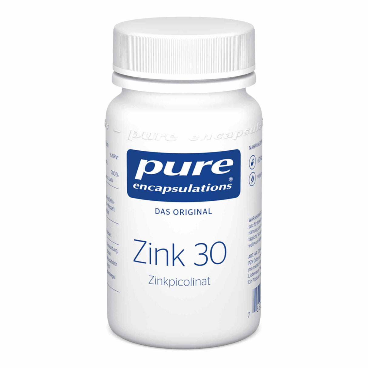 Das Bild zeigt eine weiße Kunststoffflasche mit Schraubverschluss. Auf dem Etikett steht 'pure encapsulations Zink 30 Zinkpicolinat'. Die Flasche ist weiß mit blauer und schwarzer Schrift. Sie enthält Nahrungsergänzungsmittel.