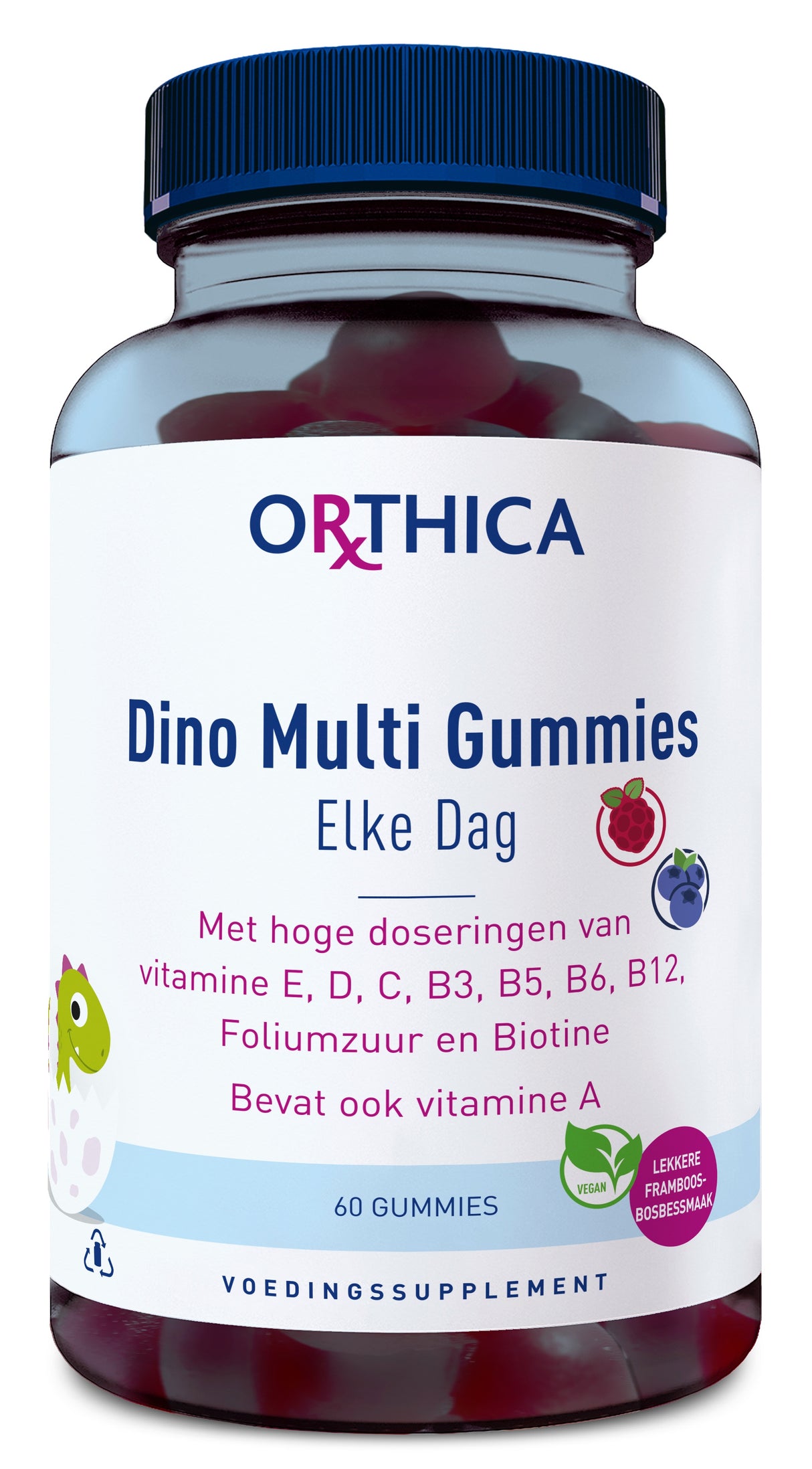 Eine Flasche mit blauen Deckel, auf der "Orthica Dino Multi Gummies" steht. Die Flasche enthält 60 Gummibärchen mit verschiedenen Vitaminen wie E, D, C, B3, B5, B6, B12, Folsäure und Biotin. Die Gummibärchen sind vegan und haben einen Himbeer-Blaubeer-Geschmack.