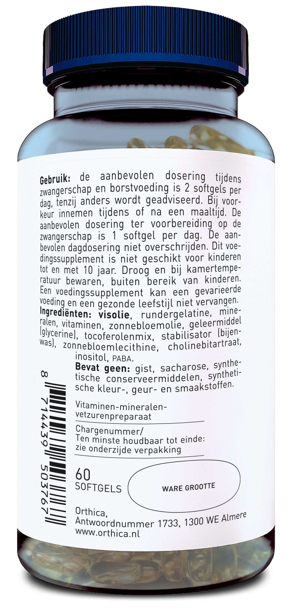 Eine Plastikflasche mit blauem Deckel und einem Etikett mit niederländischem Text. Der Text beschreibt die Anwendung und Inhaltsstoffe eines Nahrungsergänzungsmittels. Die Flasche enthält 60 Softgels. Es sind keine synthetischen Zusatzstoffe enthalten.