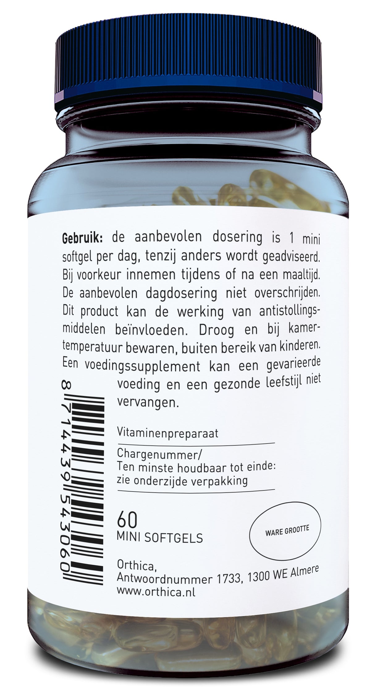 Ein Glasbehälter mit blauem Deckel enthält 60 Mini-Softgels. Das Etikett zeigt Anweisungen zur Einnahme und Lagerung in niederländischer Sprache. Der Hersteller ist Orthica, mit Sitz in Almere, Niederlande. Ein Barcode ist sichtbar.