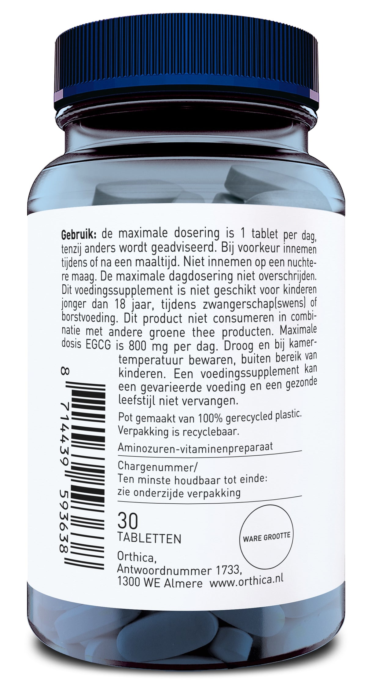 Eine blaue Kunststoffflasche mit einem blauen Schraubverschluss. Das Etikett zeigt Informationen in niederländischer Sprache, darunter Dosierungsanweisungen für ein Aminosäuren-Vitaminpräparat. Die Flasche enthält 30 Tabletten. Der Hersteller ist Orthica aus Almere, Niederlande.