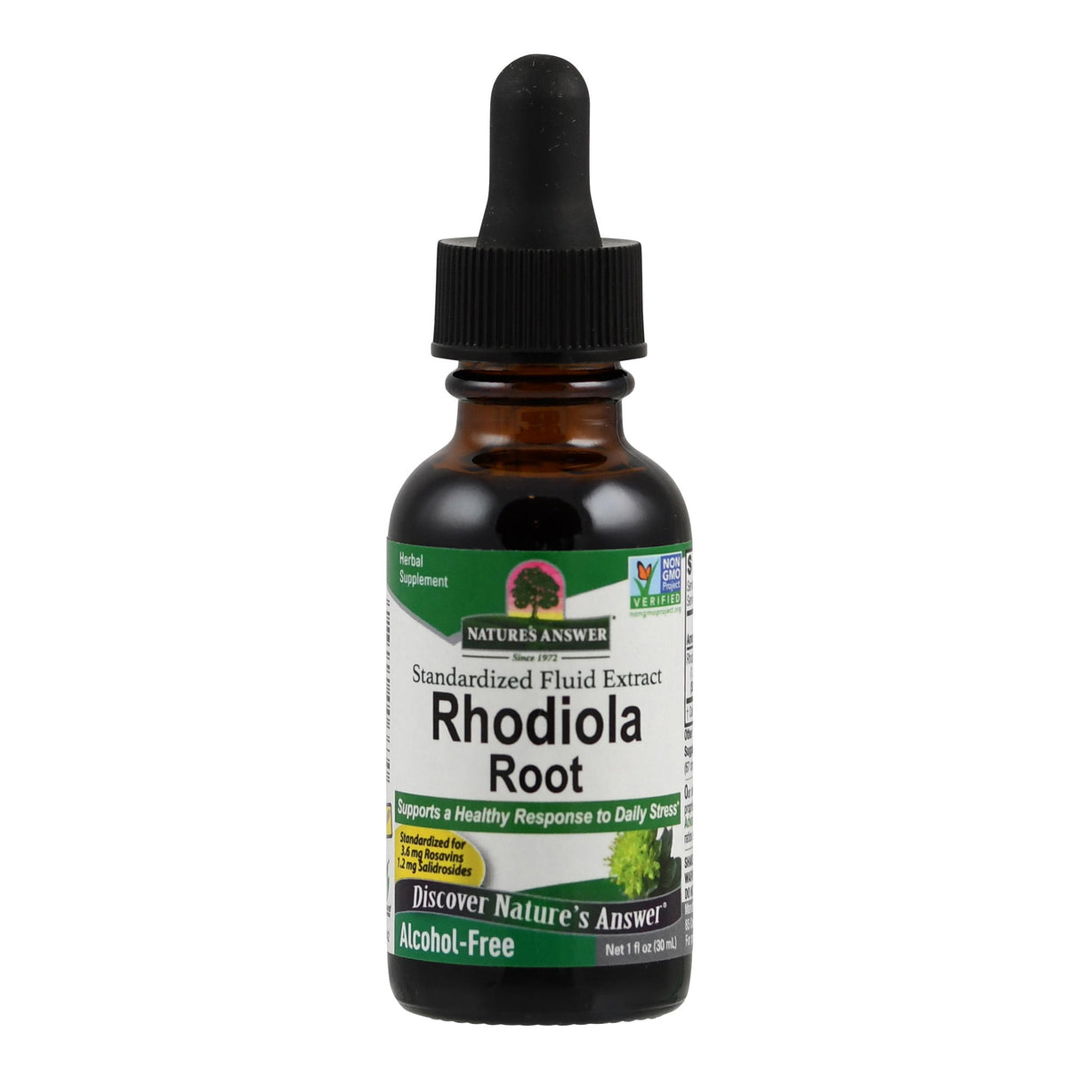Eine braune Glasflasche mit schwarzem Tropfverschluss. Das Etikett zeigt 'Nature's Answer Rhodiola Root', ein pflanzliches Nahrungsergänzungsmittel. Es ist alkoholfrei und unterstützt die Stressbewältigung. Das Etikett ist grün und weiß mit Text und einem kleinen Logo.