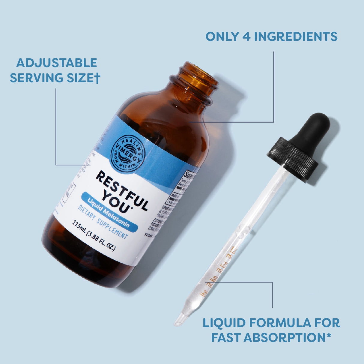 Das Bild zeigt eine braune Glasflasche mit der Aufschrift "RESTFUL YOU" und einen Tropfer daneben. Es handelt sich um ein flüssiges Melatonin-Nahrungsergänzungsmittel. Auf dem Bild sind Textelemente mit Informationen über die Inhaltsstoffe und Eigenschaften des Produkts zu sehen.