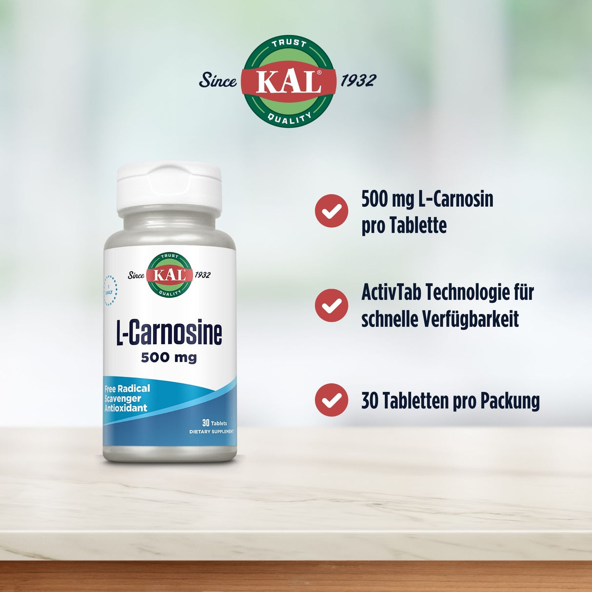 Eine Flasche KAL L-Carnosine 500 mg auf einem Tisch. Text beschreibt Eigenschaften: 500 mg pro Tablette, schnelle Verfügbarkeit, 30 Tabletten.