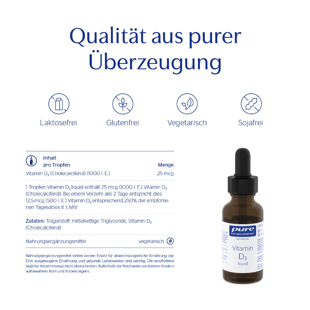 Das Bild zeigt eine Produktwerbung für Vitamin D3 Tropfen von Pure Encapsulations. Oben steht der Slogan 'Qualität aus purer Überzeugung'. Darunter sind Symbole für Laktosefrei, Glutenfrei, Vegetarisch und Sojafrei. Links sind Inhaltsangaben, rechts ist eine Flasche Vitamin D3 Tropfen abgebildet.