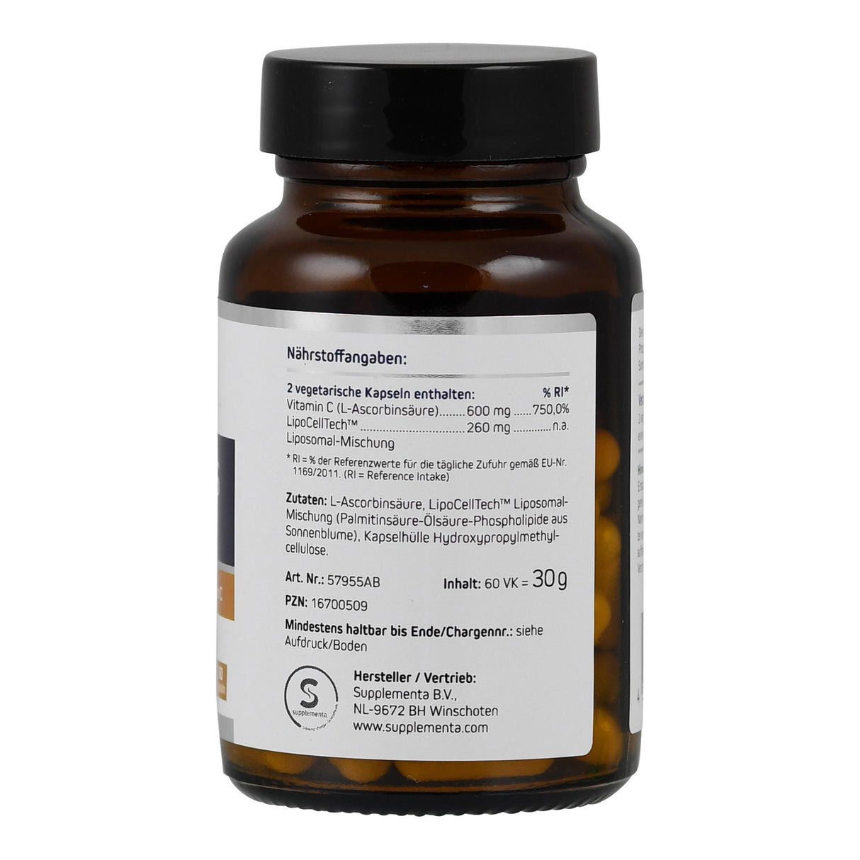 Das Bild zeigt eine braune Glasflasche mit einem schwarzen Plastikdeckel. Auf dem Etikett sind Nährstoffangaben zu Vitamin C und einer Liposomalmischung zu erkennen. Die Flasche enthält 60 vegetarische Kapseln. Hersteller ist Supplementa B.V. aus den Niederlanden.