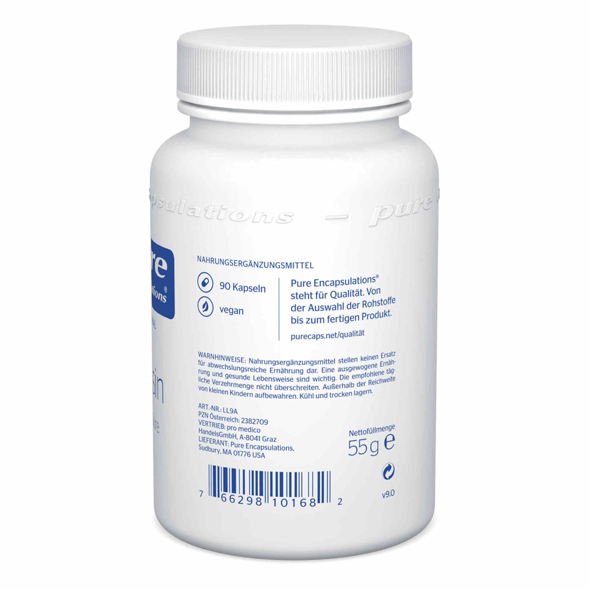 Das Bild zeigt eine weiße Kunststoffflasche mit einem Etikett von Pure Encapsulations. Auf dem Etikett stehen Informationen über das Produkt, wie die Anzahl der Kapseln (90), dass es vegan ist, und Hinweise zur Qualität. Die Flasche hat einen Schraubverschluss.