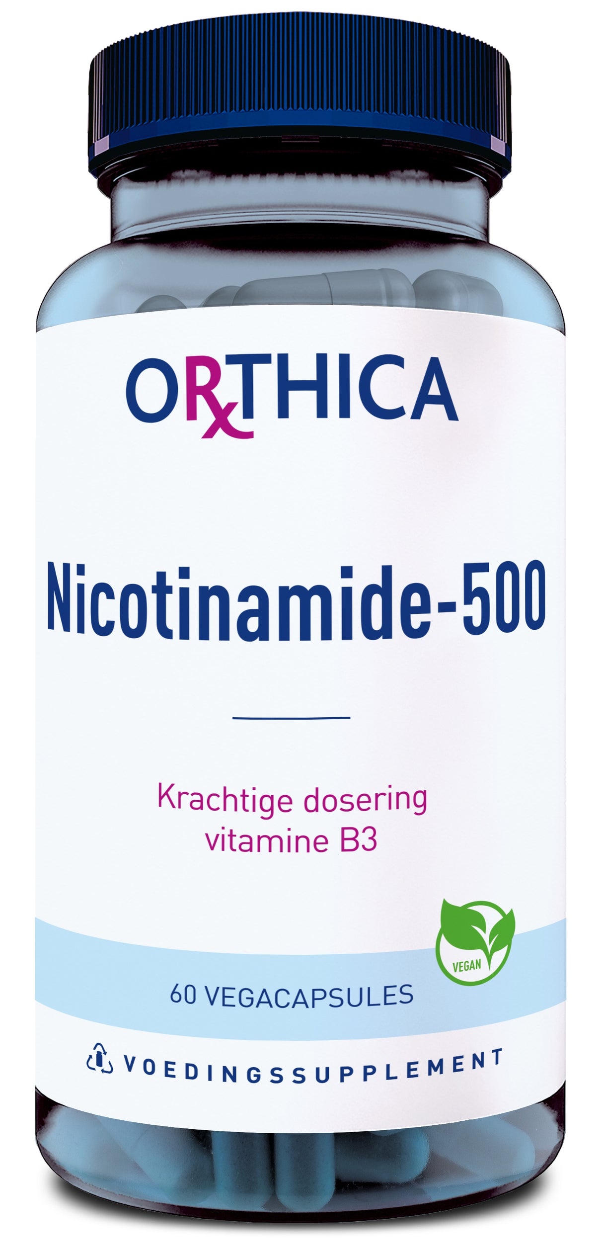 Eine Flasche mit dem Etikett "Orthica Nicotinamide-500" ist abgebildet. Darunter steht "Krachtige dosering vitamine B3" und "60 vegacapsules". Ein grünes Logo zeigt "Vegan" an. Der Hintergrund ist neutral.