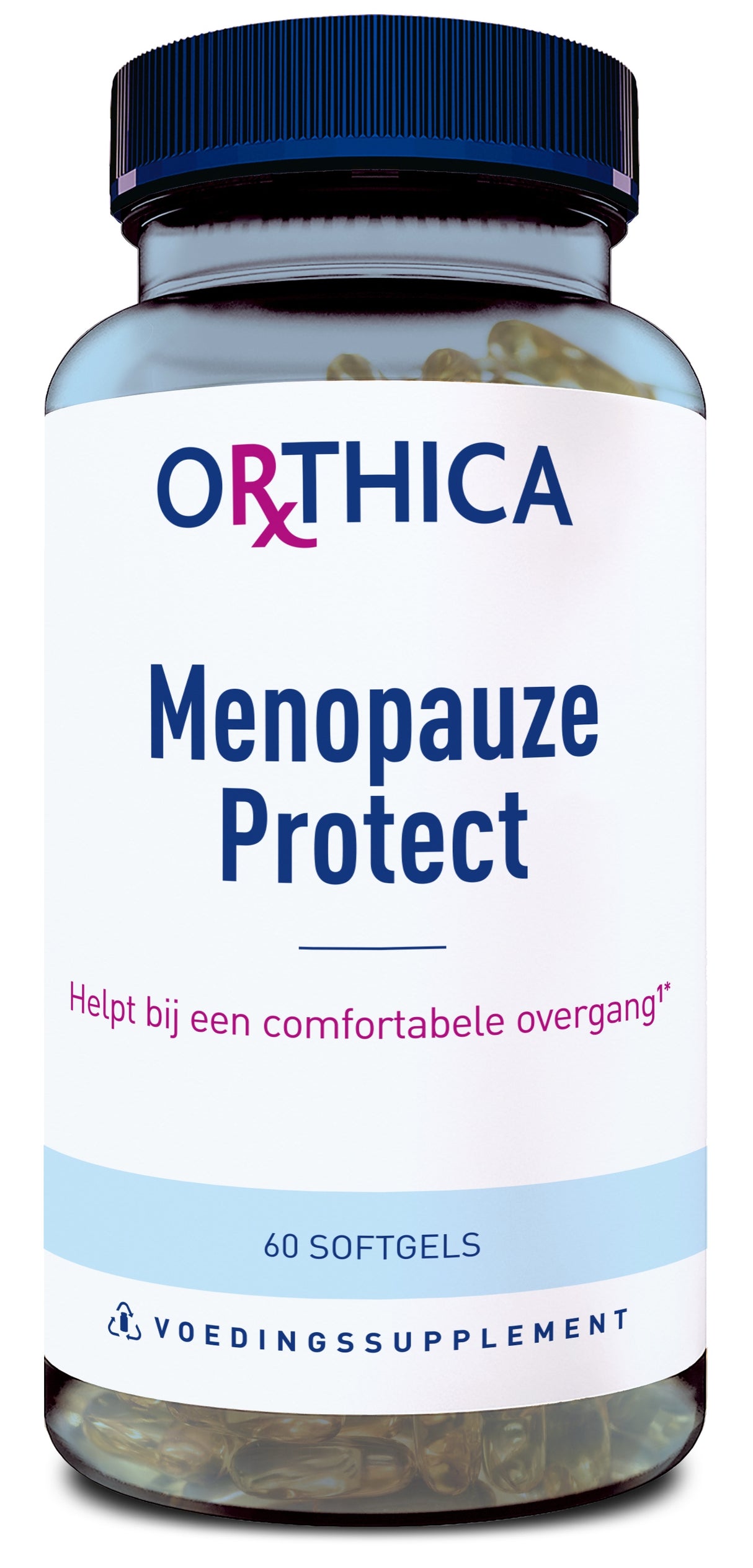 Das Bild zeigt eine Flasche mit Nahrungsergänzungsmitteln der Marke Orthica. Auf dem Etikett steht 'Menopauze Protect'. Die Flasche enthält 60 Softgels und ist als Unterstützung für eine komfortable Menopause gekennzeichnet. Die Etikettenfarben sind hauptsächlich weiß und blau. Die Flasche ist durchsichtig, sodass die Softgels sichtbar sind.