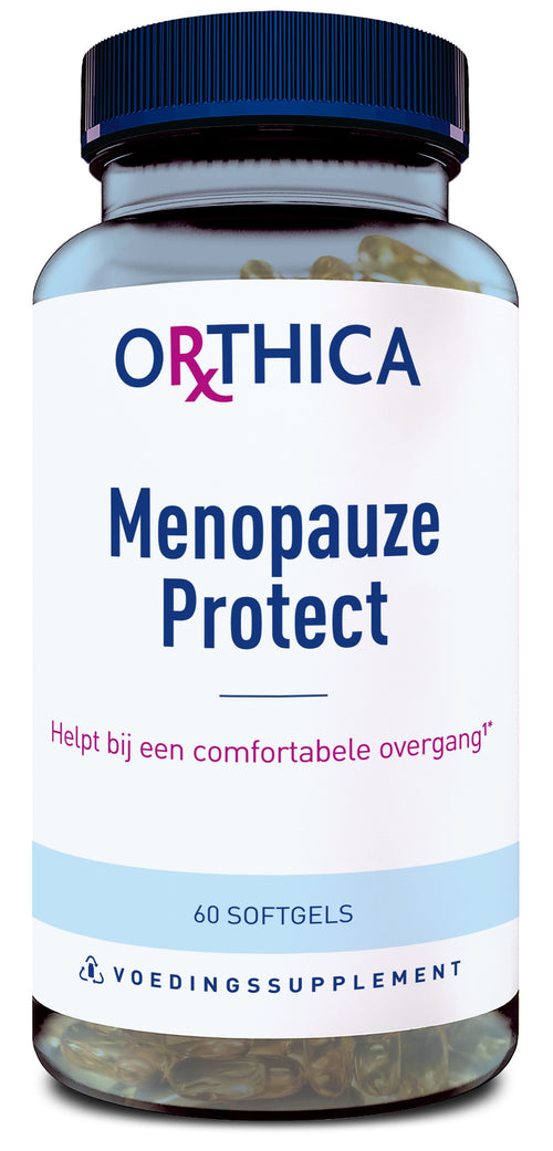 Das Bild zeigt eine Flasche mit Nahrungsergänzungsmitteln der Marke Orthica. Auf dem Etikett steht 'Menopauze Protect'. Die Flasche enthält 60 Softgels und ist als Unterstützung für eine komfortable Menopause gekennzeichnet. Die Etikettenfarben sind hauptsächlich weiß und blau. Die Flasche ist durchsichtig, sodass die Softgels sichtbar sind.