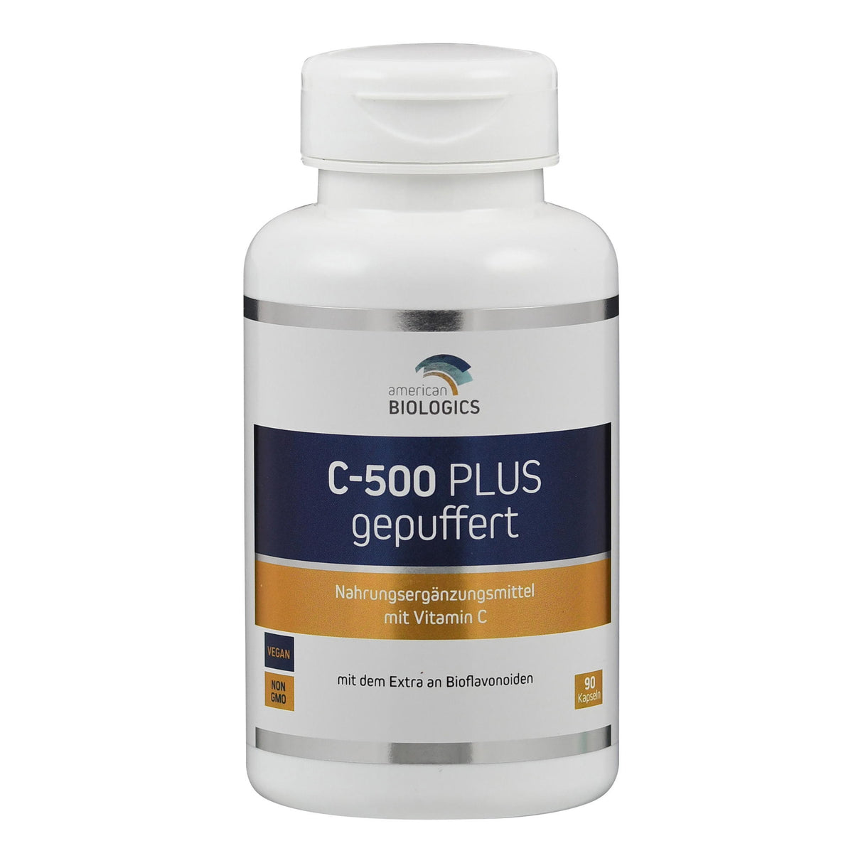 Ein weißer Kunststoffbehälter mit Schraubverschluss, beschriftet mit 'C-500 PLUS gepuffert'. Die Etikette enthält Informationen über das Produkt als Nahrungsergänzungsmittel mit Vitamin C. Es wird als vegan und Non-GMO gekennzeichnet. Die Verpackung ist schlicht und funktional gestaltet. Auf dem Etikett sind auch die Begriffe 'american BIOLOGICS' und 'mit dem Extra an Bioflavonoiden' zu sehen. Der Behälter enthält 90 Kapseln.