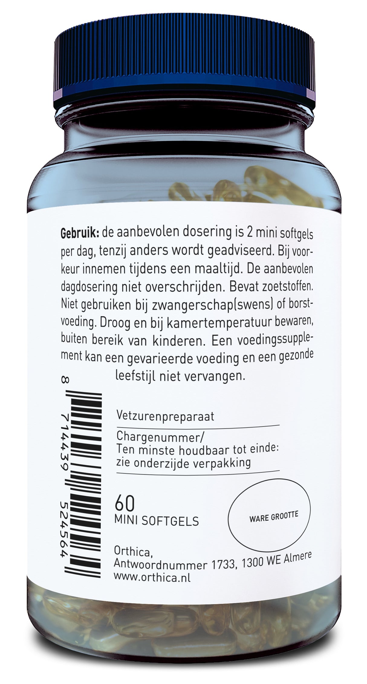 Das Bild zeigt eine Flasche mit Nahrungsergänzungsmitteln der Marke Orthica. Die Flasche hat ein blaues Schraubverschluss und enthält 60 Mini-Softgels. Auf dem Etikett sind Dosierungsanweisungen auf Niederländisch zu sehen. Es wird darauf hingewiesen, die empfohlene Dosierung nicht zu überschreiten und das Produkt nicht während Schwangerschaft oder Stillzeit zu verwenden. Die Flasche sollte trocken und bei Raumtemperatur gelagert werden. Die Adresse des Herstellers ist in Almere, Niederlande.