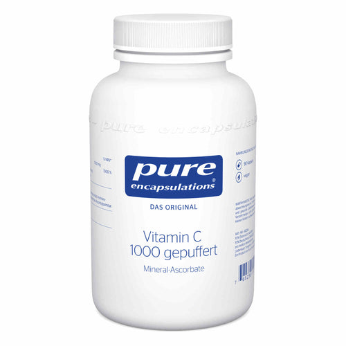 Das Bild zeigt eine weiße Kunststoffflasche mit einem Schraubverschluss. Auf dem Etikett steht 'pure encapsulations Vitamin C 1000 gepuffert Mineral-Ascorbate'. Die Flasche ist für Nahrungsergänzungsmittel gedacht und enthält Informationen über die Inhaltsstoffe.