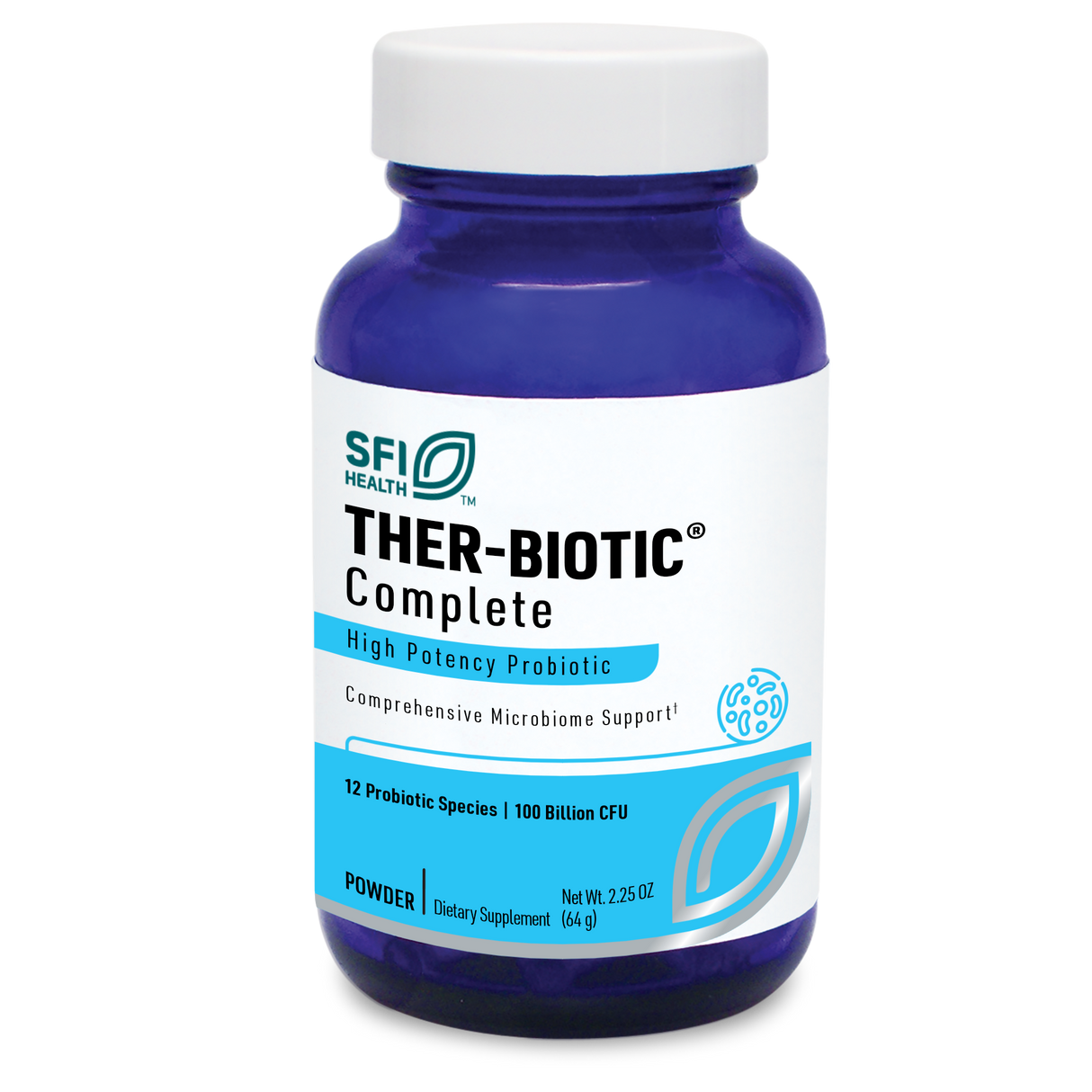 Das Bild zeigt eine blaue Plastikflasche mit einem weißen Etikett. Auf dem Etikett steht „SFI Health THER-BIOTIC Complete High Potency Probiotic“. Es gibt weitere Informationen über den Inhalt, wie „12 Probiotic Species“ und „100 Billion CFU“. Die Flasche hat einen weißen Schraubverschluss.