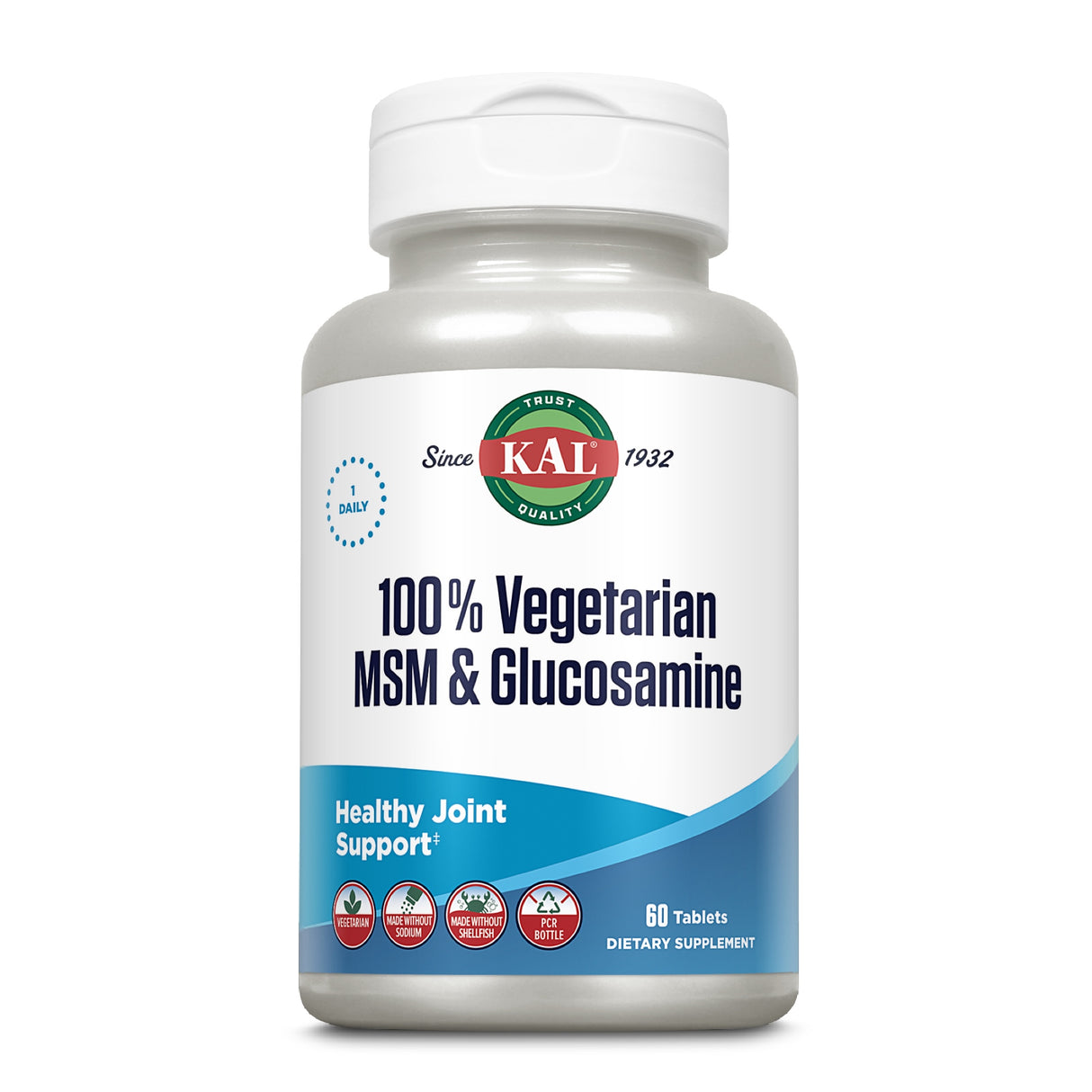 Eine weiße Plastikflasche mit dem Etikett "KAL 100% Vegetarian MSM & Glucosamine". Das Etikett ist blau-weiß und enthält Informationen wie "Healthy Joint Support", "60 Tablets" und Symbole für vegetarisch und ohne Natrium.