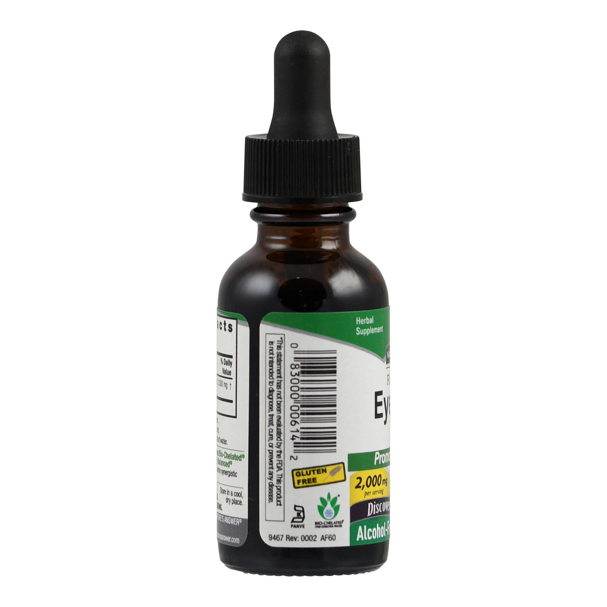 Eine braune Glasflasche mit schwarzem Schraubverschluss und Pipette. Auf dem Etikett steht "Herbal Supplement" und ein Barcode ist sichtbar. Die Flasche steht aufrecht vor einem weißen Hintergrund.
