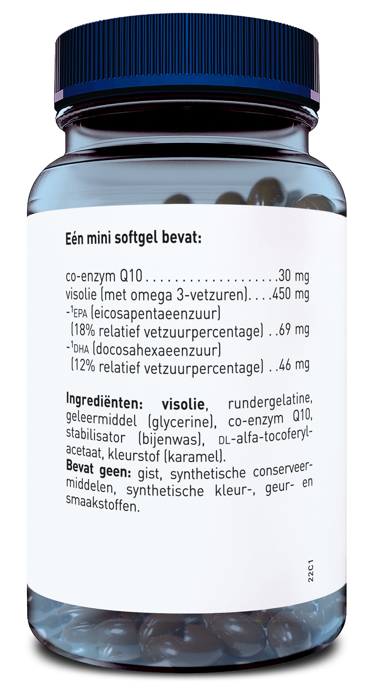 Ein Glasbehälter mit einem blauen Schraubverschluss, der Nahrungsergänzungsmittel in Form von Softgel-Kapseln enthält. Auf dem Etikett sind die Inhaltsstoffe Co-Enzym Q10, Fischöl mit Omega-3-Fettsäuren, EPA und DHA aufgeführt. Das Etikett ist in niederländischer Sprache beschriftet. Der Behälter ist teilweise gefüllt und transparent, sodass die Kapseln sichtbar sind.