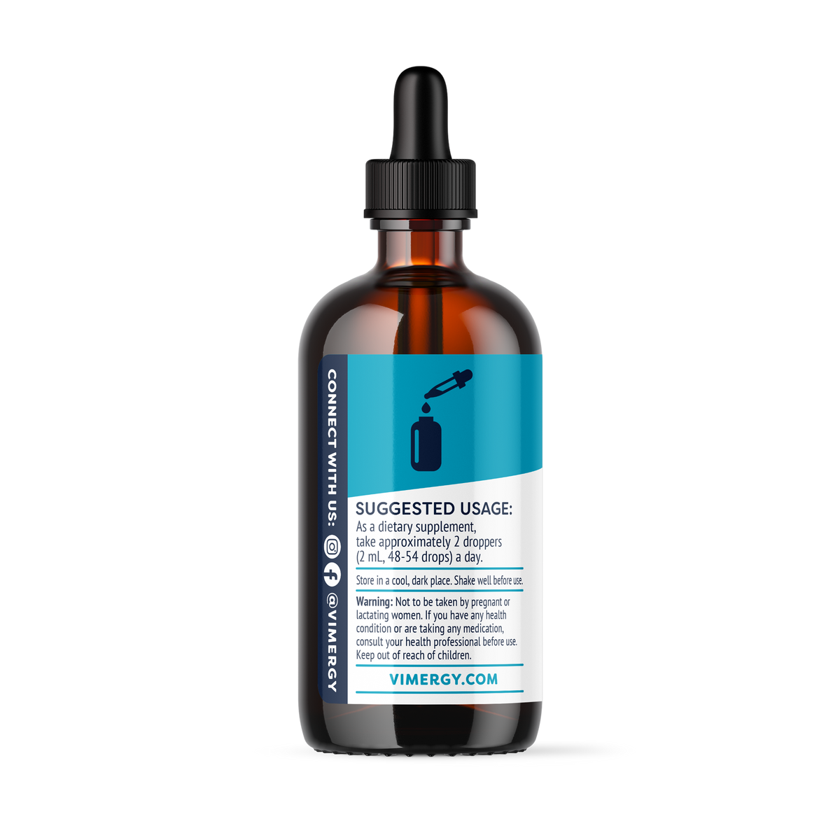 Eine braune Glasflasche mit einem blauen Etikett und schwarzem Tropfverschluss. Auf dem Etikett steht eine Gebrauchsanweisung für ein Nahrungsergänzungsmittel. Das Produkt wird als Nahrungsergänzung mit der Empfehlung, täglich zwei Pipetten (2 ml) einzunehmen, beschrieben. Es gibt auch Warnhinweise und eine Webseite, die auf dem Etikett angegeben ist. Das Design ist schlicht und funktional.