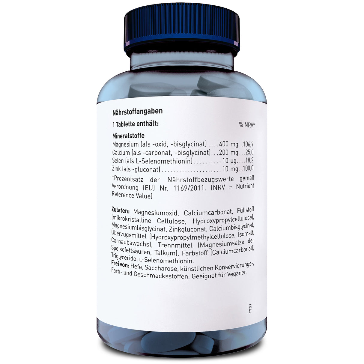 Eine Flasche mit Nahrungsergänzungsmitteln, die detaillierte Nährwertangaben und Zutaten auf dem Etikett zeigt. Die Flasche hat einen blauen Deckel und enthält Tabletten. Auf dem Etikett sind Mineralstoffe wie Magnesium, Calcium, Selen und Zink aufgeführt, zusammen mit deren Mengen und Prozentwerten des Nährstoffbezugswertes. Die Zutatenliste enthält Magnesiumoxid, Calciumcarbonat und weitere Inhaltsstoffe. Das Produkt ist frei von Hefe und künstlichen Konservierungsmitteln und für Veganer geeignet.