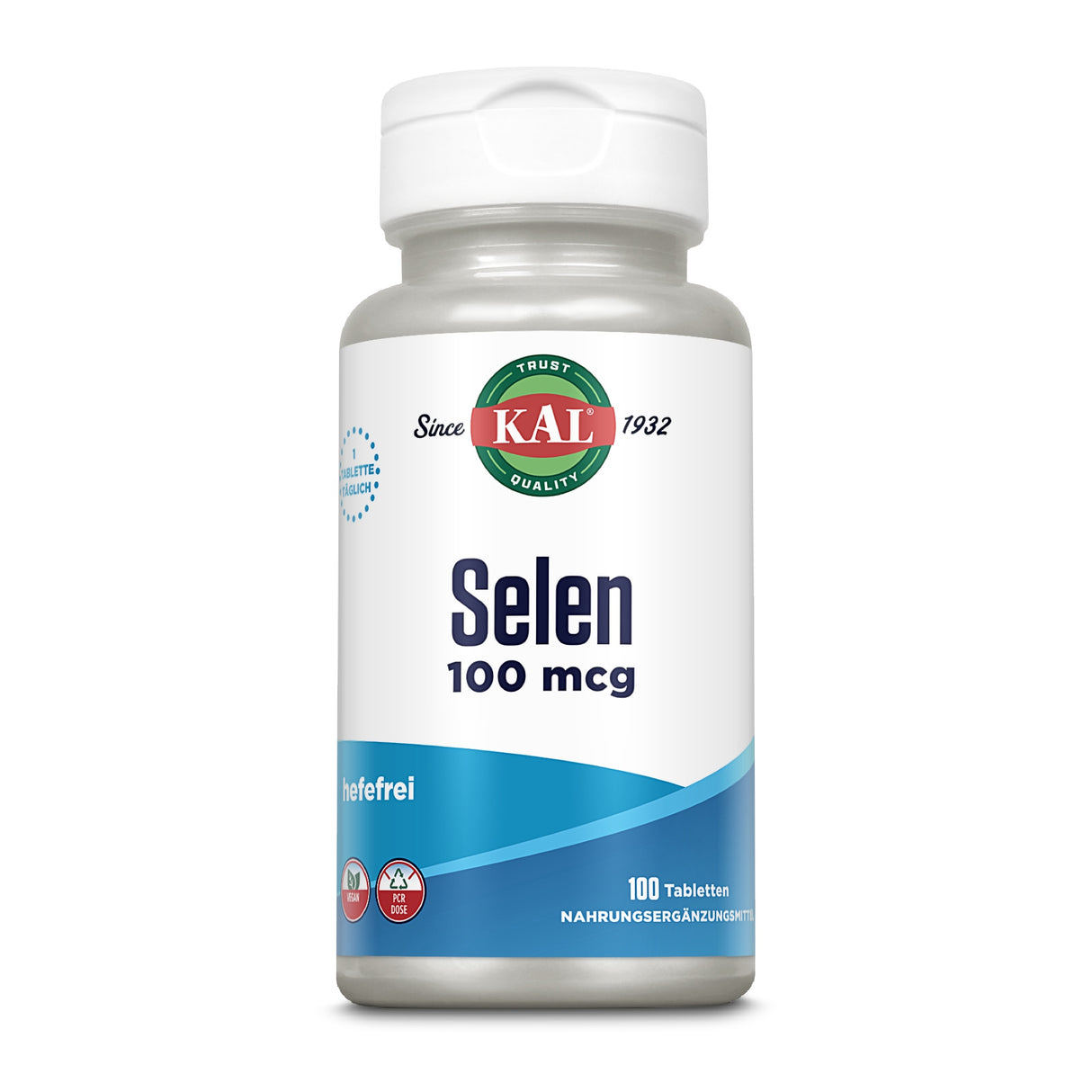 Eine weiße Plastikflasche mit blauem Etikett, die Selen 100 mcg Nahrungsergänzungsmittel von KAL enthält. Das Etikett zeigt das KAL-Logo, den Text 'Selen 100 mcg', 'hefefrei' und '100 Tabletten'.