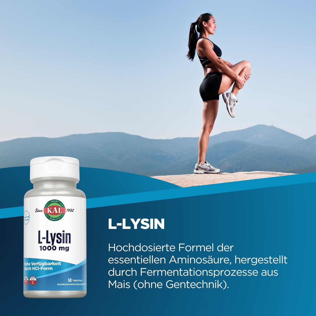 Frau in Sportkleidung macht Dehnübung auf Berggipfel, L-Lysin-Produktwerbung im Vordergrund.