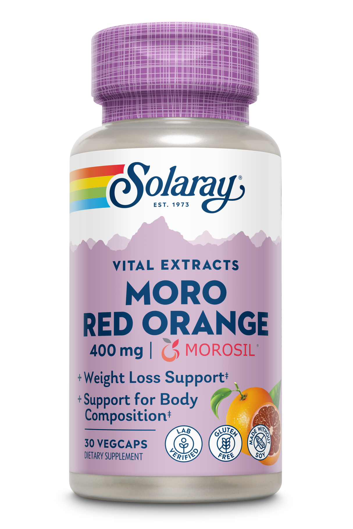 Das Bild zeigt eine Flasche des Nahrungsergänzungsmittels 'Solaray Vital Extracts Moro Red Orange'. Die Flasche hat einen violetten Deckel und ein Etikett mit Regenbogenstreifen, das den Produktnamen und die Inhaltsstoffe wie 400 mg Morosil angibt. Es wird als Unterstützung für Gewichtsverlust und Körperzusammensetzung beworben, ist glutenfrei und laborgeprüft. Enthält 30 vegane Kapseln.