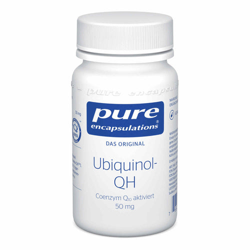 Das Bild zeigt eine weiße Plastikflasche mit blauem Etikett der Marke "pure encapsulations". Auf dem Etikett steht "Ubiquinol-QH Coenzym Q10 aktiviert 50 mg". Die Flasche hat einen weißen Schraubverschluss und enthält Nahrungsergänzungsmittel.