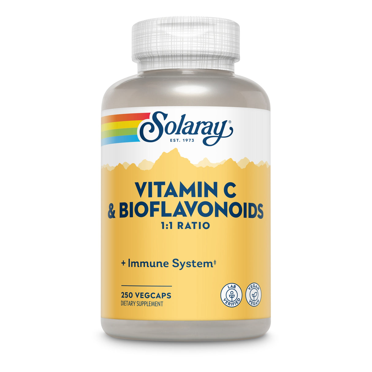 Flasche mit Solaray Vitamin C & Bioflavonoids, 250 Vegcaps, Nahrungsergänzungsmittel, 1:1 Verhältnis, unterstützt das Immunsystem.