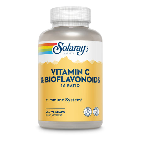 Flasche mit Solaray Vitamin C & Bioflavonoids, 250 Vegcaps, Nahrungsergänzungsmittel, 1:1 Verhältnis, unterstützt das Immunsystem.