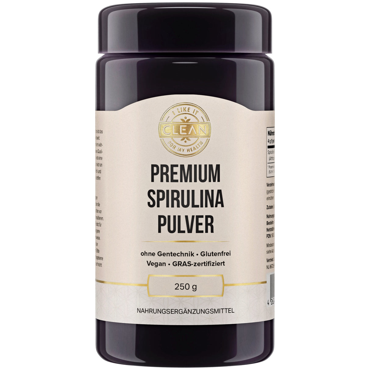 Eine schwarze Plastikdose mit einem Etikett, auf dem "Premium Spirulina Pulver" steht. Das Produkt ist ohne Gentechnik, glutenfrei, vegan und GRAS-zertifiziert. Die Dose enthält 250 g Nahrungsergänzungsmittel.