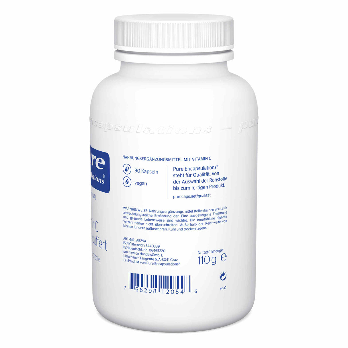 Das Bild zeigt ein weißes Fläschchen mit einem Etikett der Marke 'Pure Encapsulations'. Auf dem Etikett steht, dass es sich um Nahrungsergänzungsmittel mit Vitamin C handelt. Es sind 90 vegane Kapseln enthalten. Das Etikett enthält auch Informationen zur Qualität und einen Warnhinweis, dass Nahrungsergänzungsmittel keinen Ersatz für eine ausgewogene Ernährung darstellen. Das Produkt hat eine Nettofüllmenge von 110 g und ist in Österreich hergestellt. Ein Barcode ist ebenfalls sichtbar.
