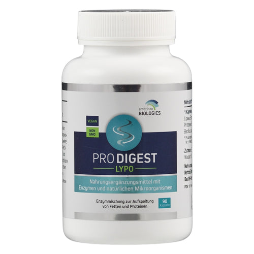 Weiße Flasche mit Etikett 'PRO DIGEST LYPO', Nahrungsergänzungsmittel von American Biologics, vegan, non-GMO, 90 Kapseln.
