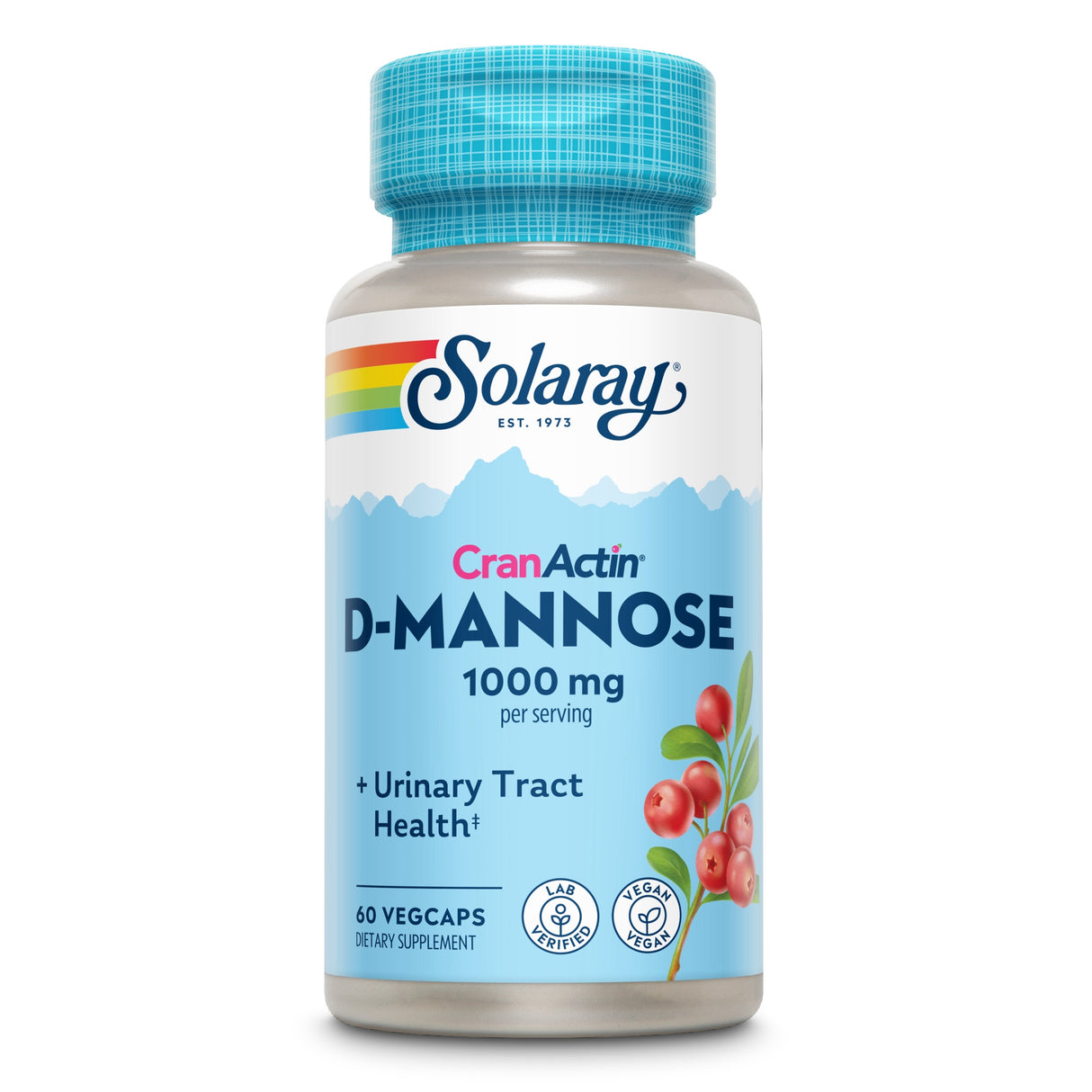 Flasche mit Nahrungsergänzungsmittel 'Solaray CranActin D-Mannose', 1000 mg pro Portion, 60 Vegcaps, unterstützt Harnwegsgesundheit.