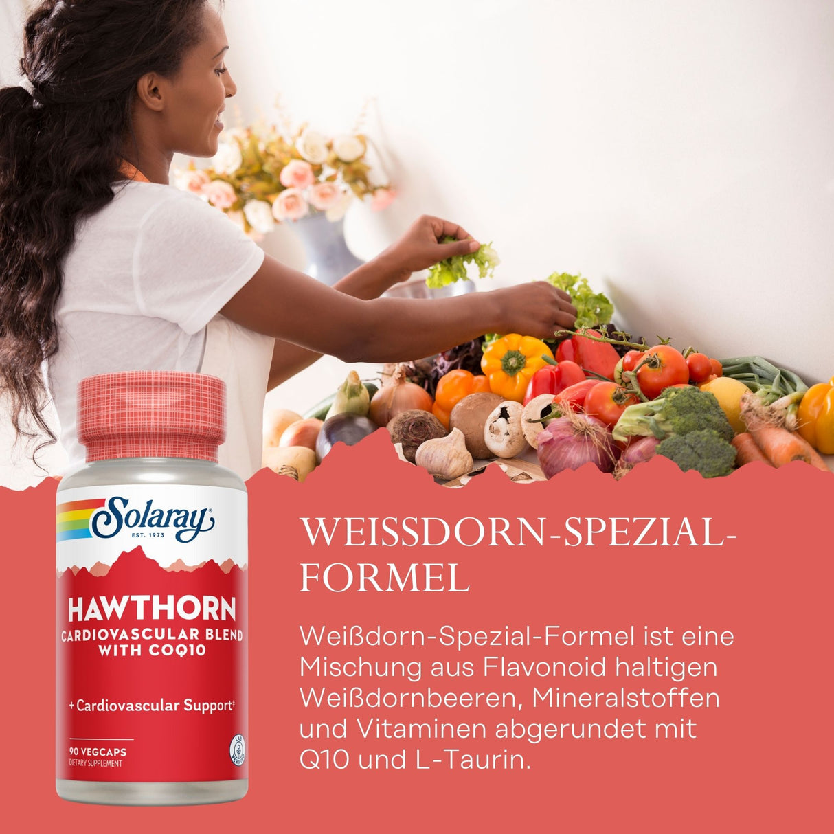 Frau bereitet Gemüse zu, daneben ein Produktbild von Solaray Hawthorn mit Beschreibung der Inhaltsstoffe und Gesundheitsvorteile.