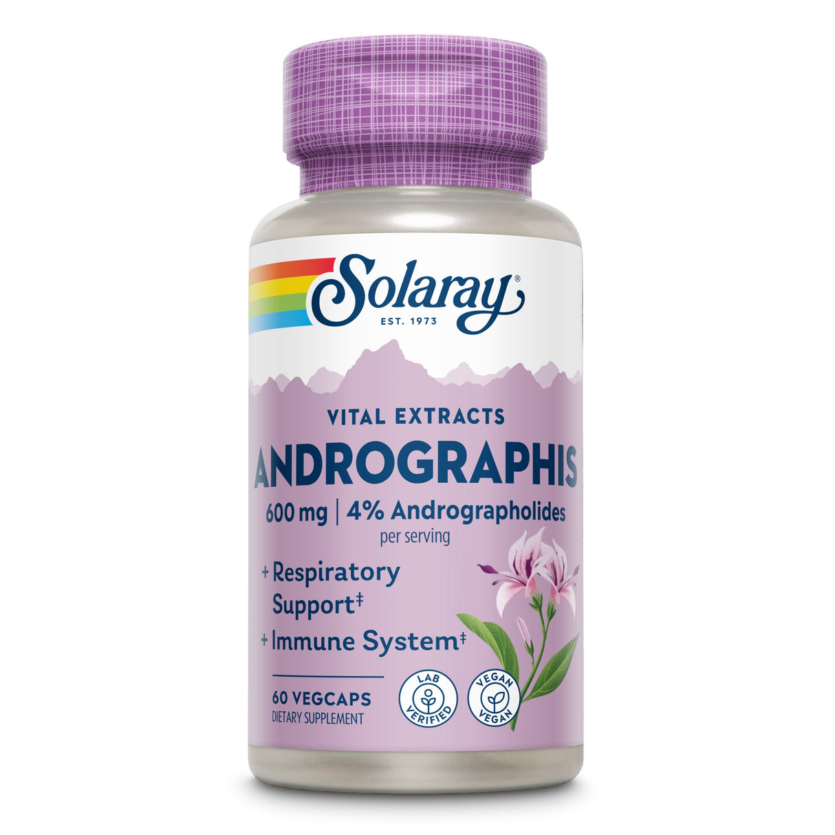 Die Abbildung zeigt eine Flasche Solaray Vital Extracts Andrographis Nahrungsergänzungsmittel. Die Flasche ist lila und weiß und enthält 60 vegane Kapseln. Auf dem Etikett sind Angaben zu den Inhaltsstoffen und den gesundheitlichen Vorteilen wie Unterstützung des Immunsystems und der Atemwege. Das Produkt ist laborgeprüft und vegan zertifiziert.