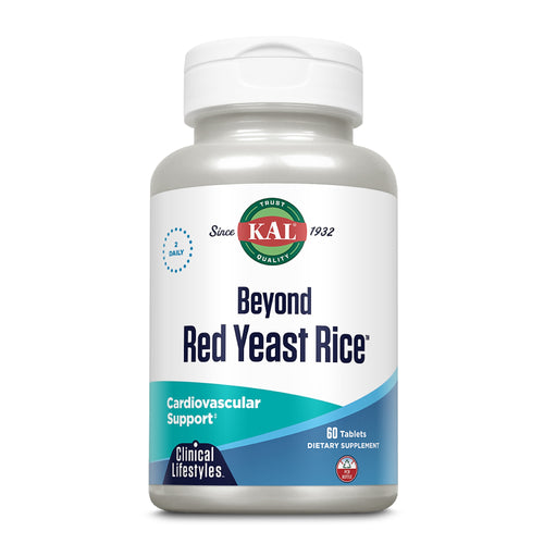 Eine weiße Plastikflasche mit einem Etikett, das den Markennamen KAL zeigt. Auf dem Etikett steht 'Beyond Red Yeast Rice', ein Nahrungsergänzungsmittel zur Unterstützung der Herzgesundheit. Die Flasche enthält 60 Tabletten und ist für den täglichen Gebrauch vorgesehen.