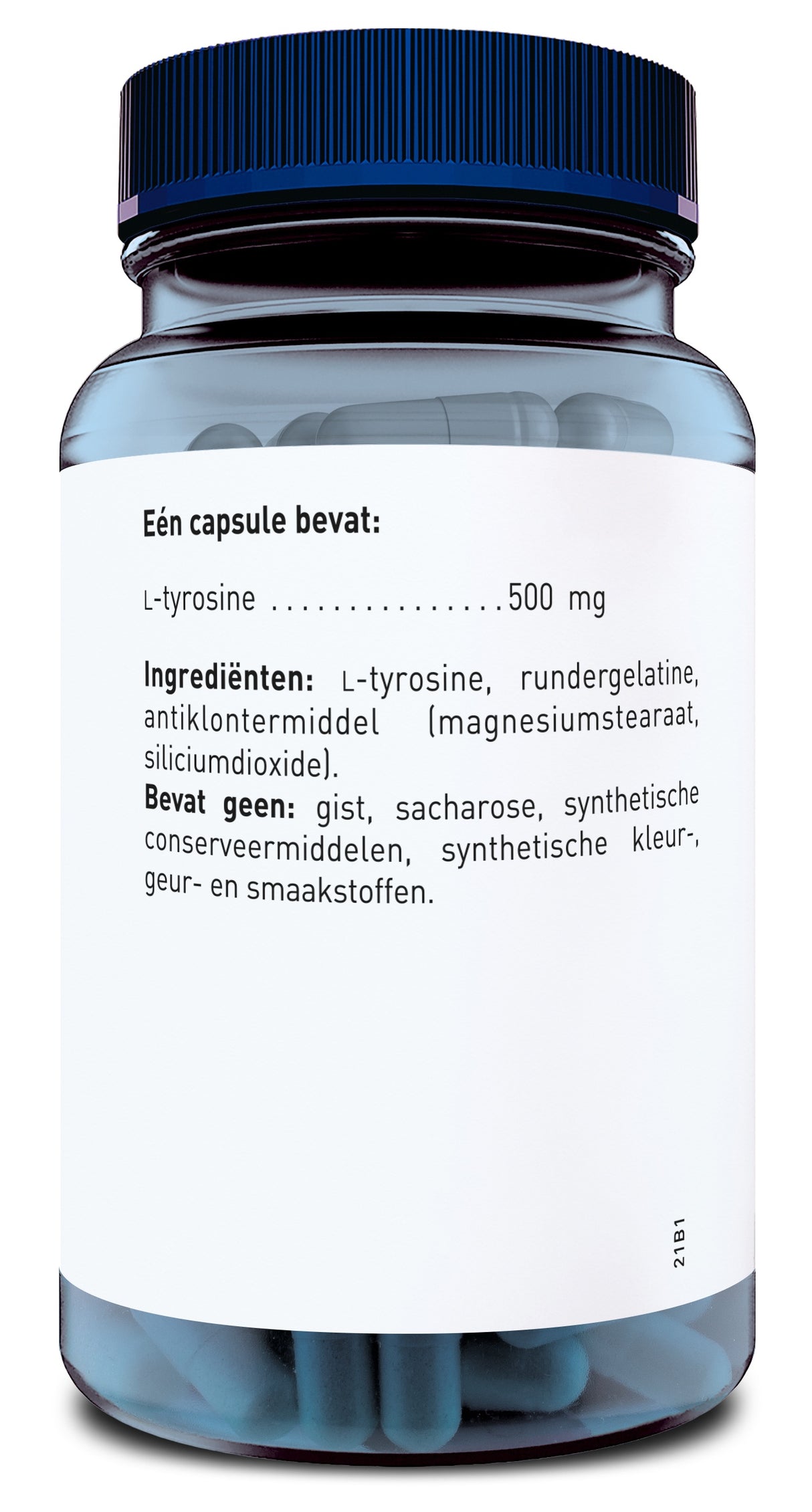 Das Bild zeigt ein Glas mit blauen Kapseln und einem blauen Deckel. Auf dem Etikett steht der Inhalt einer Kapsel: L-Tyrosin, 500 mg. Die Zutatenliste enthält L-Tyrosin, Rindergelatine, Magnesiumstearat und Siliciumdioxid. Es sind keine synthetischen Farb- und Konservierungsstoffe enthalten.
