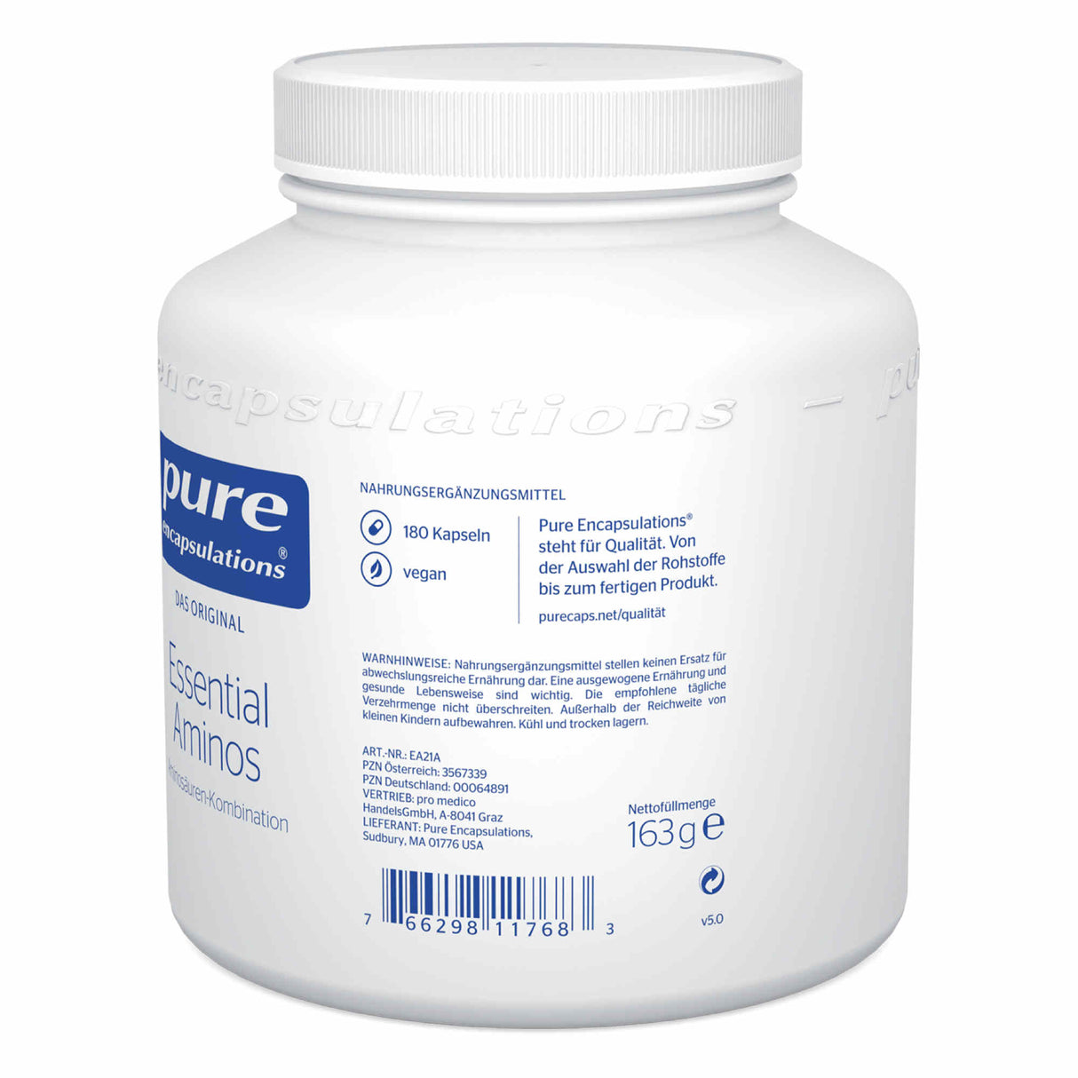 Das Bild zeigt ein weißes Kunststoffbehältnis für Nahrungsergänzungsmittel der Marke Pure Encapsulations. Auf dem Etikett steht 'Essential Aminos', es enthält 180 vegane Kapseln. Die Verpackung hat einen Schraubverschluss und enthält Informationen zur Qualität und Inhaltsstoffen. Es sind Warnhinweise und eine Nettomasse von 163 g angegeben. Der Behälter steht vor einem weißen Hintergrund.