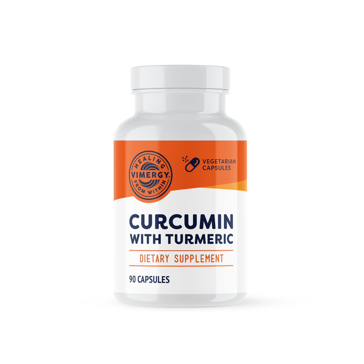 Dose mit Curcumin-Kapseln, vegan, glutenfrei, ohne Gentechnik. Orange Kapseln, 3x täglich 1 Kapsel.