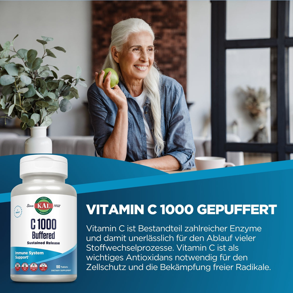 Ältere Frau mit Apfel, lächelt, sitzt neben Pflanze. Produkt: Vitamin C 1000 gepuffert. Text erklärt Vorteile von Vitamin C für Gesundheit.