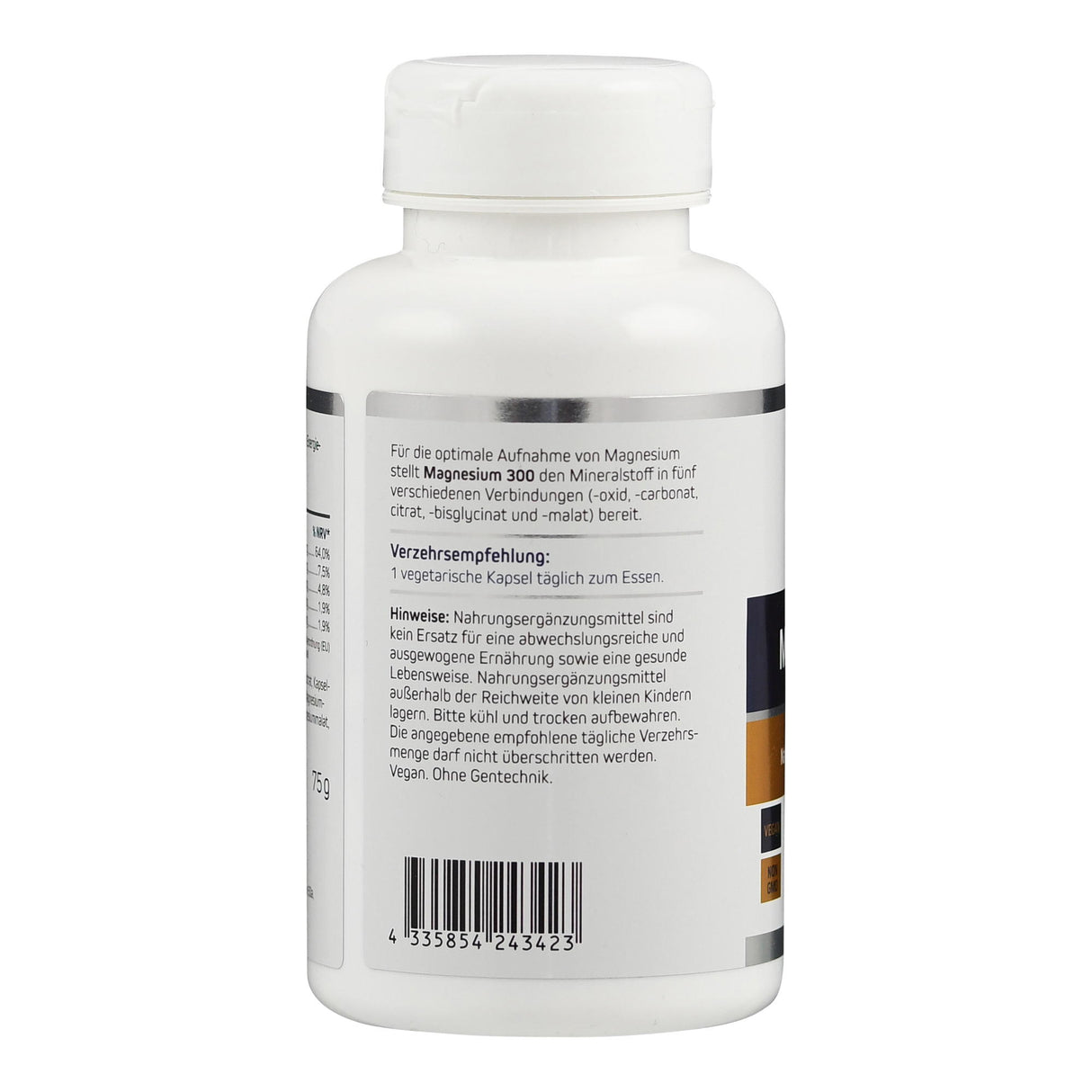 Das Bild zeigt eine weiße Plastikflasche mit einem Etikett auf der Rückseite. Auf dem Etikett stehen Informationen über ein Nahrungsergänzungsmittel namens Magnesium 300. Die Flasche hat einen weißen Schraubverschluss. Das Etikett beschreibt die optimale Aufnahme von Magnesium in fünf verschiedenen Verbindungen und enthält Verzehrempfehlungen sowie Hinweise zur Lagerung und Verwendung. Ein Barcode ist ebenfalls sichtbar.