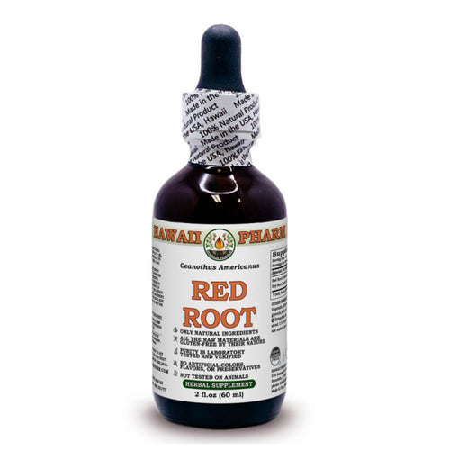 Eine Flasche mit Tropfverschluss, beschriftet mit 'Hawaii Pharm', 'Red Root' und 'Ceanothus Americanus'. Die Flasche enthält 60 ml und ist als Nahrungsergänzungsmittel gekennzeichnet. Sie ist dunkelbraun mit einem weißen Etikett, das Informationen zu Inhaltsstoffen und Herkunft enthält.