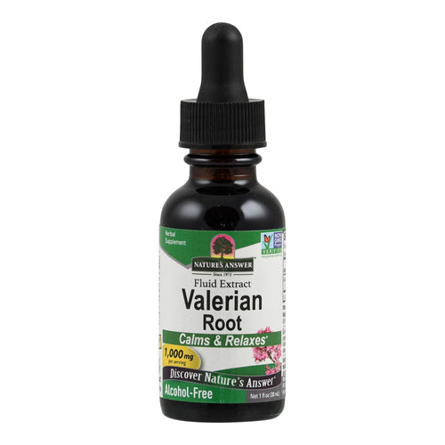 Eine Flasche mit schwarzem Tropfverschluss, die ein Nahrungsergänzungsmittel enthält. Das Etikett zeigt den Text „Nature's Answer Valerian Root, Calms & Relaxes, Alcohol-Free“. Die Flasche steht aufrecht vor einem weißen Hintergrund.