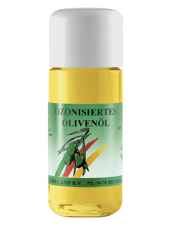 Flasche ozonisiertes Olivenöl mit grünem Etikett und Olivenmotiv.