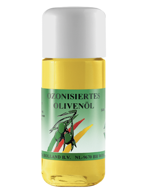 Flasche ozonisiertes Olivenöl mit grünem Etikett und Olivenmotiv.