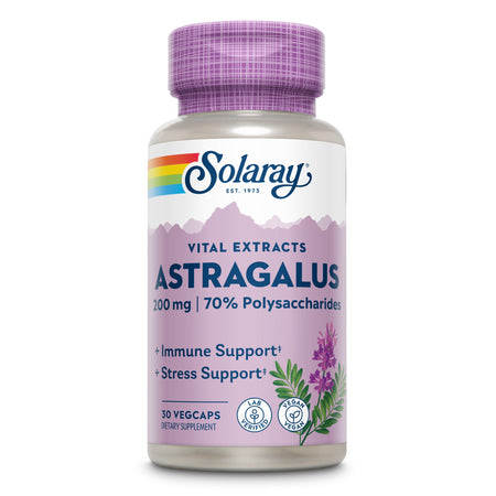 Flasche mit Solaray Astragalus Nahrungsergänzungsmittel, 200 mg, 70% Polysaccharide, unterstützt Immunsystem und Stress, 30 Vegcaps.