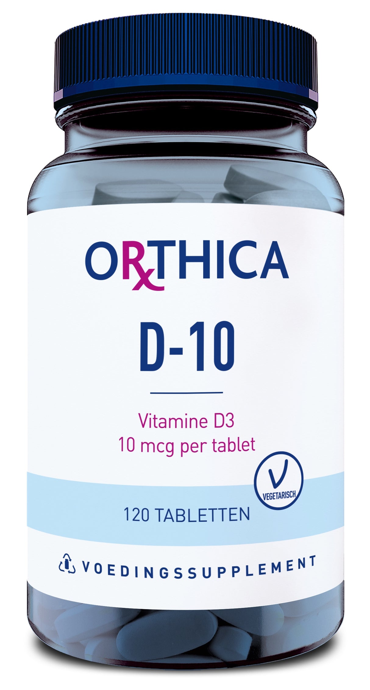 Das Bild zeigt eine Flasche mit dem Etikett "Orthica D-10". Auf dem Etikett steht "Vitamine D3, 10 mcg per tablet, 120 Tabletten, Vegetarisch, Voedingssupplement". Die Flasche hat einen blauen Deckel und enthält Tabletten.