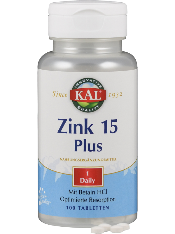 Eine weiße Plastikflasche mit Schraubverschluss, beschriftet mit 'KAL Zink 15 Plus'. Enthält 100 Tabletten. Etikett zeigt 'Nahrungsergänzungsmittel', '1 Daily', 'Mit Betain HCl Optimierte Resorption'.