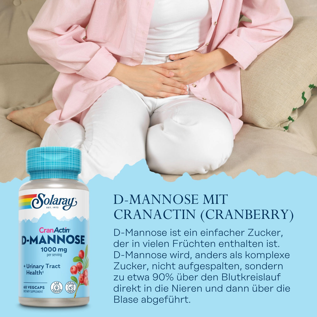 Frau hält sich den Bauch, daneben Solaray D-Mannose Produktbild mit Text über D-Mannose und CranActin.