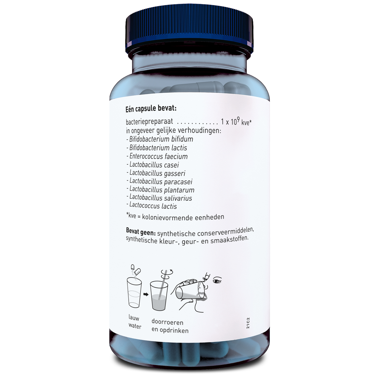 Das Bild zeigt eine durchsichtige Plastikflasche mit blauem Deckel, die mit blauen Kapseln gefüllt ist. Auf dem Etikett der Flasche ist eine Liste von Bakterienarten wie Bifidobacterium bifidum und Lactobacillus plantarum aufgedruckt. Es gibt auch Anweisungen zur Einnahme der Kapseln mit lauwarmem Wasser. Die Flasche enthält keine synthetischen Konservierungsstoffe oder künstliche Farb-, Duft- und Geschmacksstoffe.